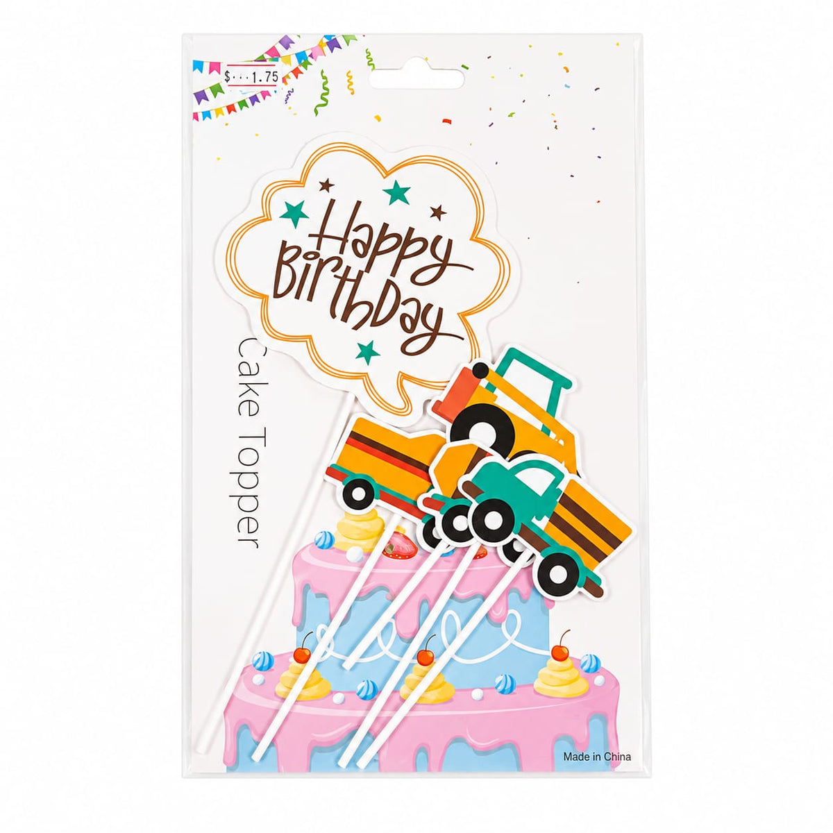 Set x4 Toppers Maquinaria Construcción + Happy Birthday para Pastel