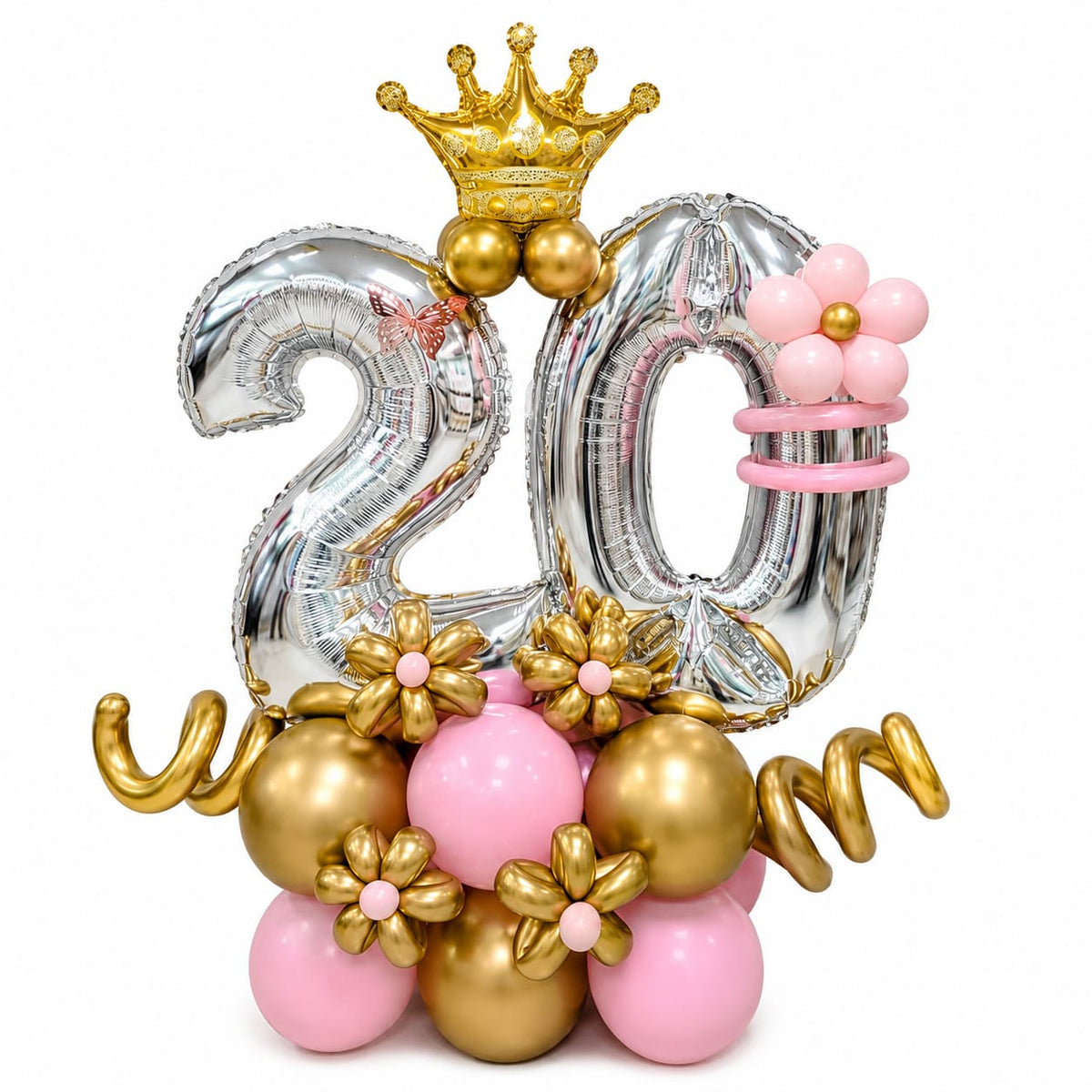 Arreglo de Globos “20 Años” Dorado y Rosa 👑