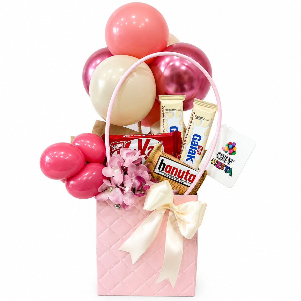 Cartera Rosa con Globos y Chocolates