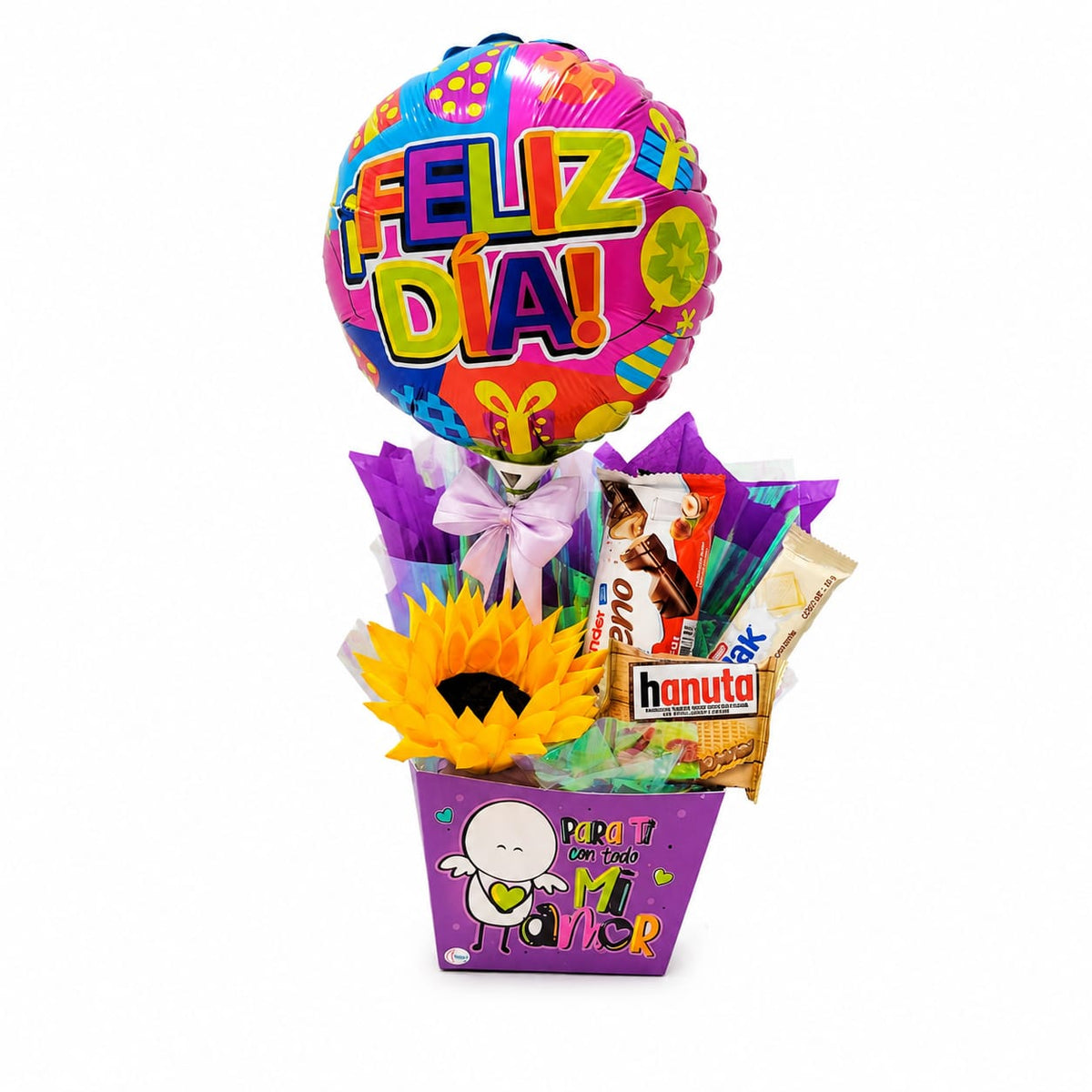 “Feliz Día” con Girasol y Chocolates
