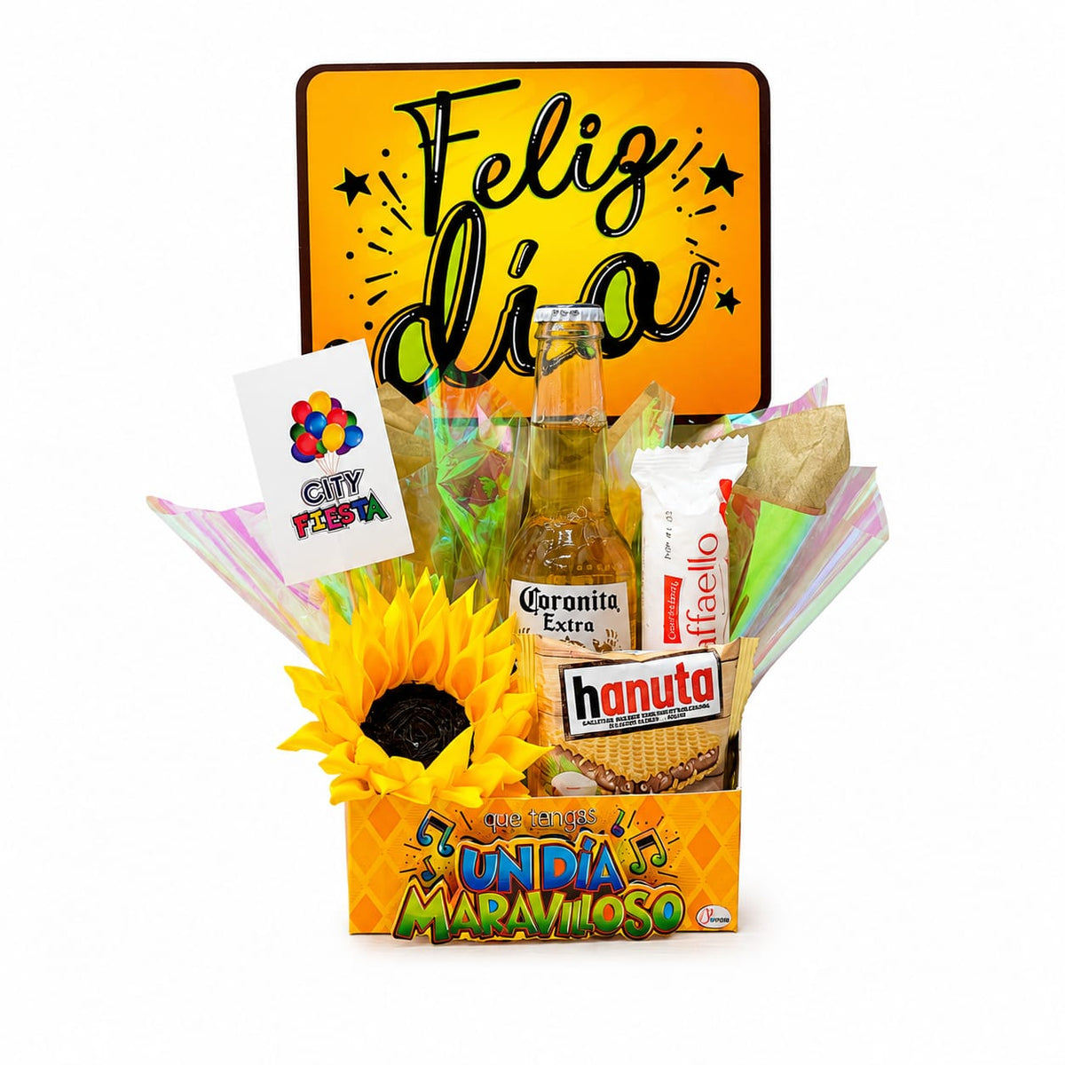 “Feliz Día” con Girasol, Bebida y Chocolates