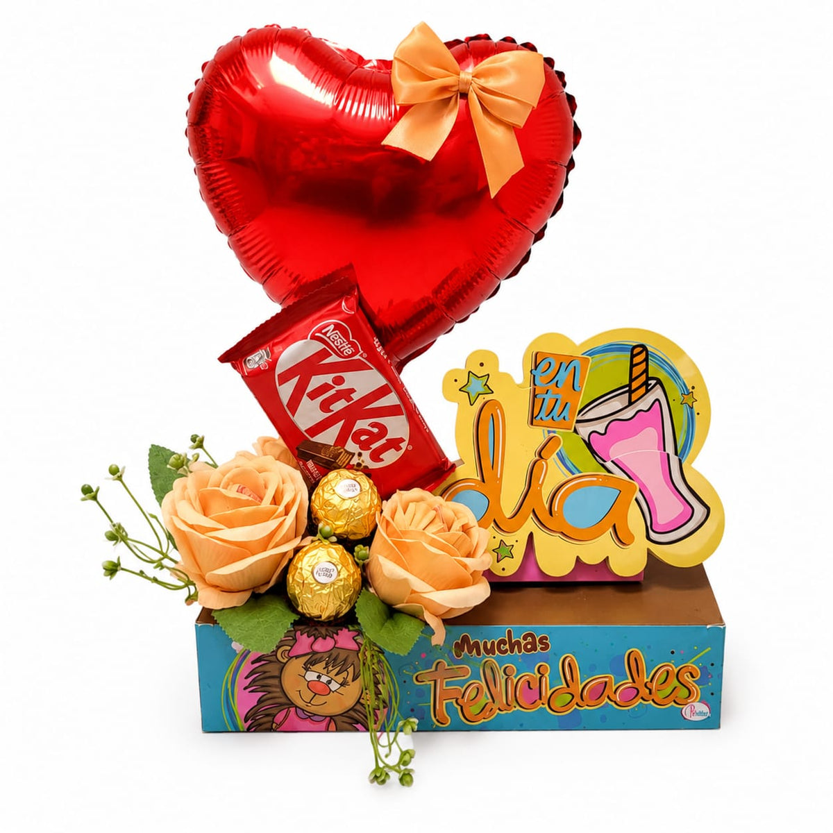 Arreglo “Muchas Felicidades” con Globo, Flores y Chocolates