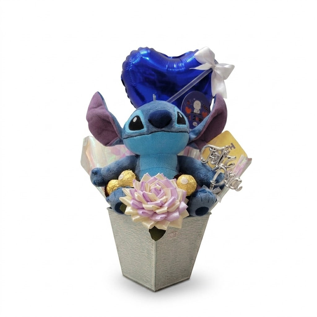 Stitch Azul con Chocolates y Corazón.