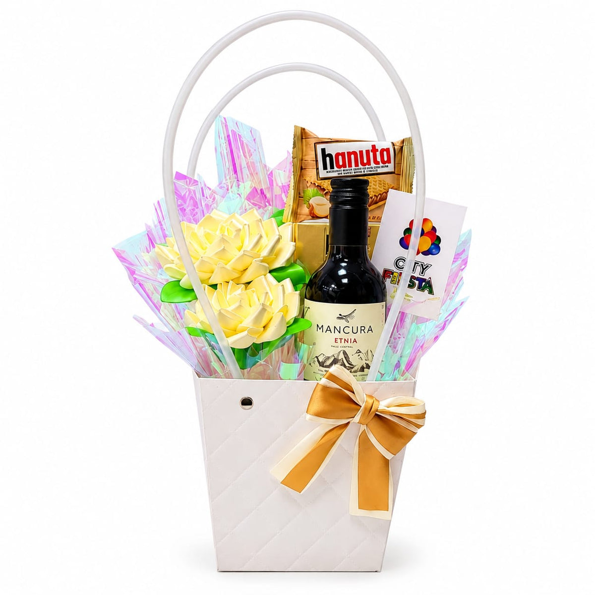 Arreglo “City Fiesta” con Vino, Flores y Chocolates