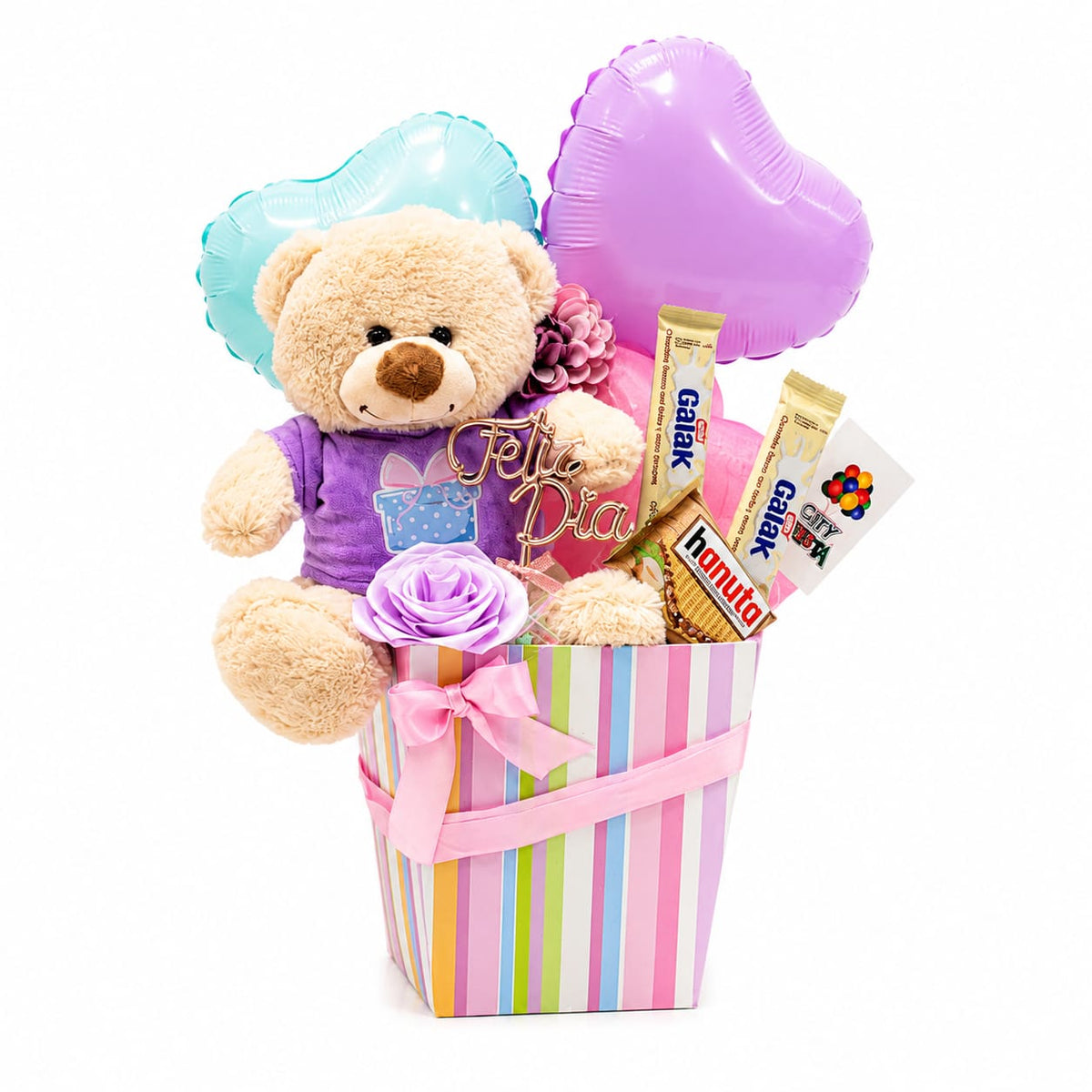 Arreglo “Feliz Día” con Osito y Globos