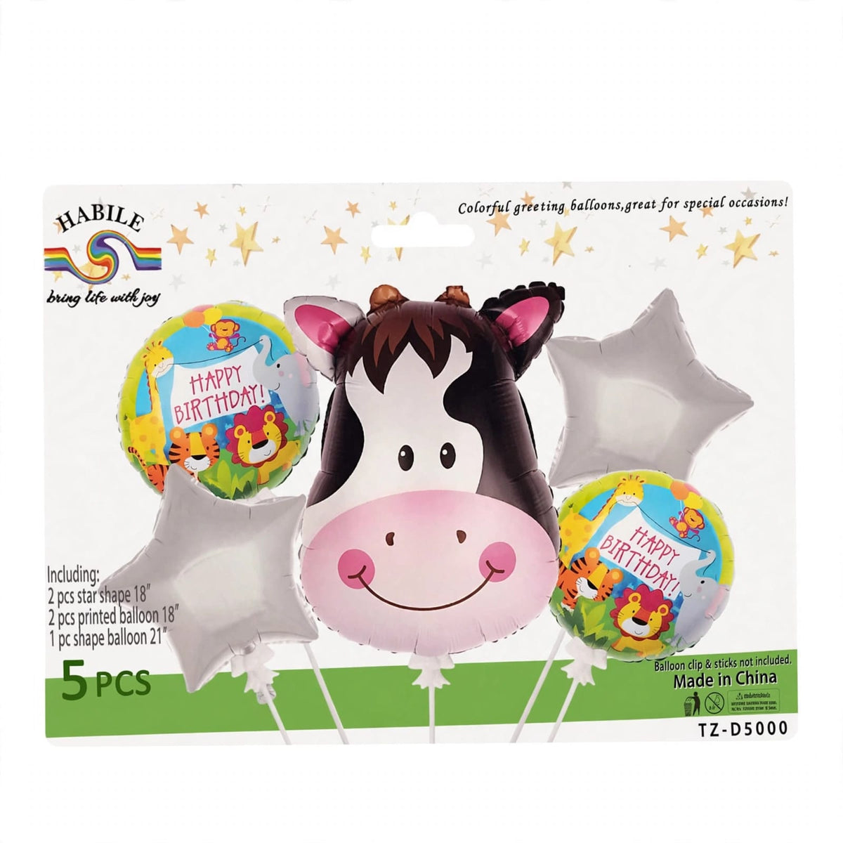 Set Globos Foil Safari 5 pcs - Happy Birthday Animales